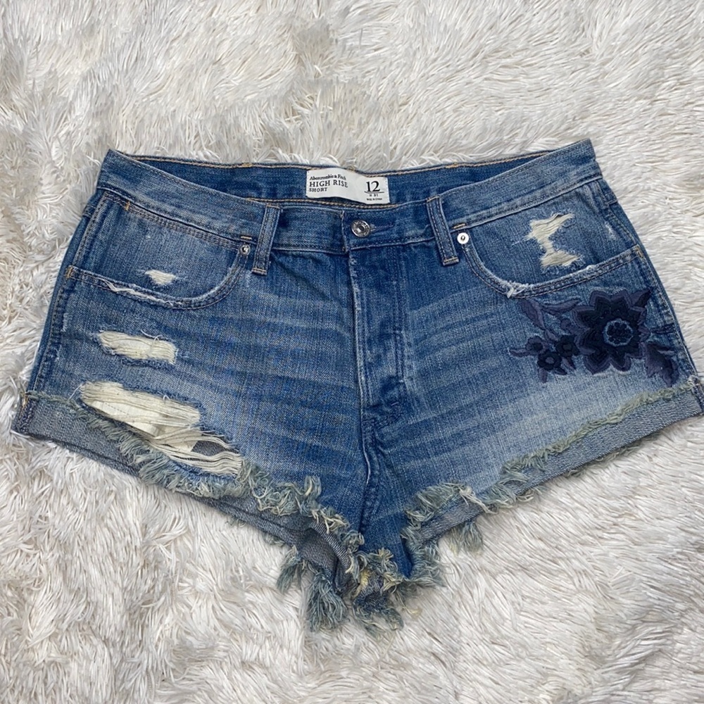 Abercrombie and Fitch high rise Flower embroidered Denim shorts